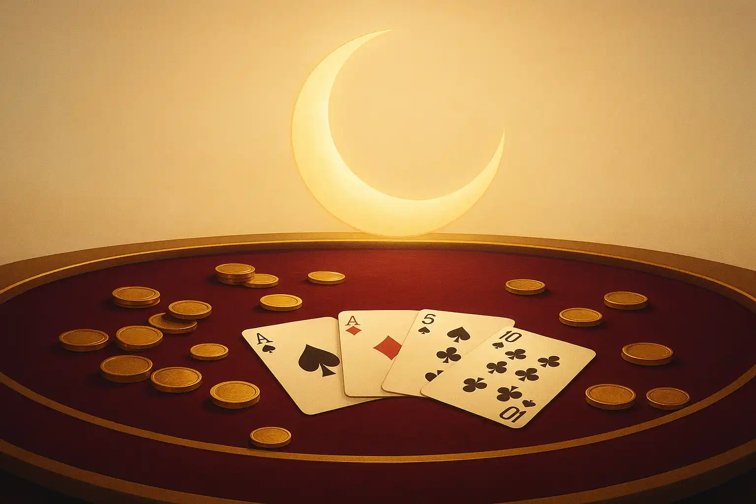 Goldener Halbmond über einem weinroten und goldenen Casinotisch mit verstreuten Münzen und Karten