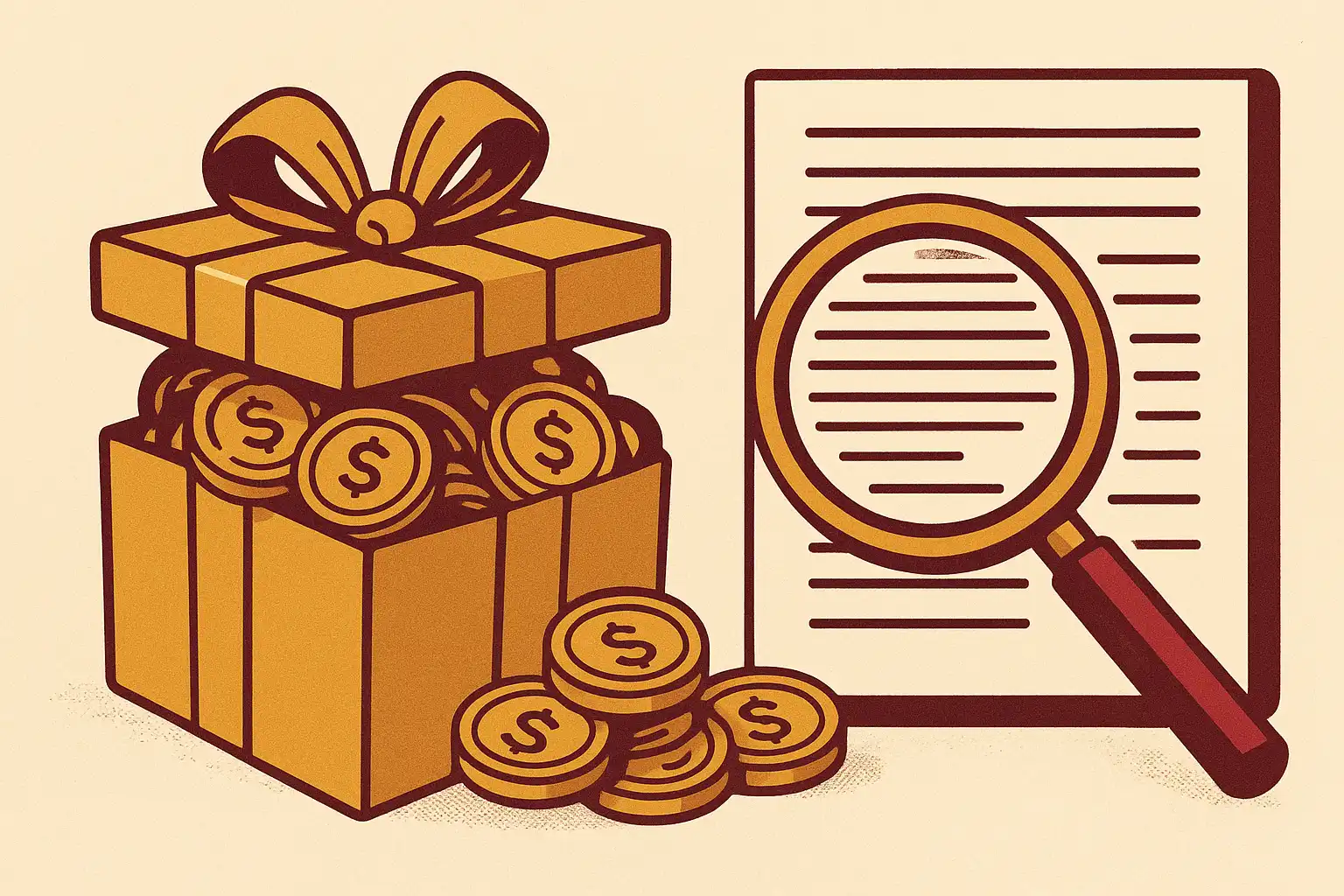 Goldene Geschenkbox voller Münzen neben einer Lupe über Bonusbedingungen