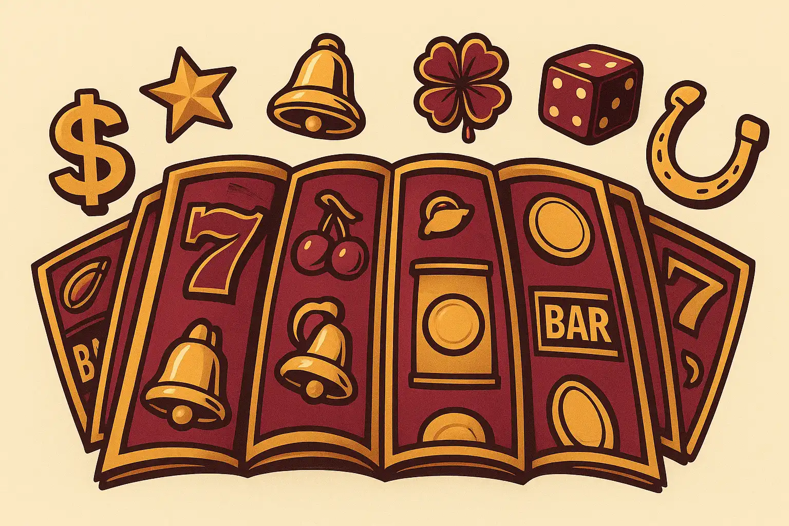Aufgefächerte Walzen und Symbole eines Spielautomaten als Symbol für den LunaLoots Slot-Katalog