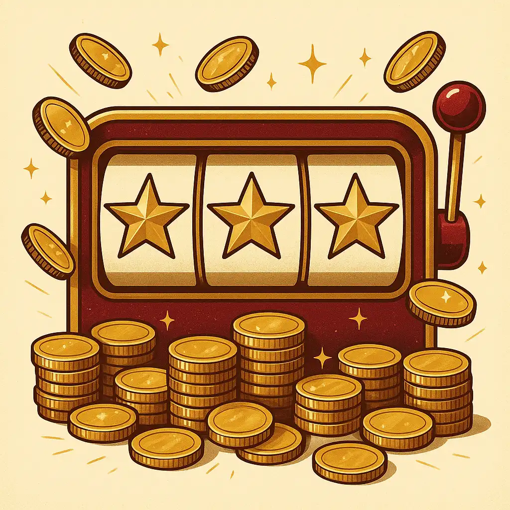 Walzen eines Spielautomaten umgeben von goldenen Sternen als Symbol für eine Freispiel-Aktion